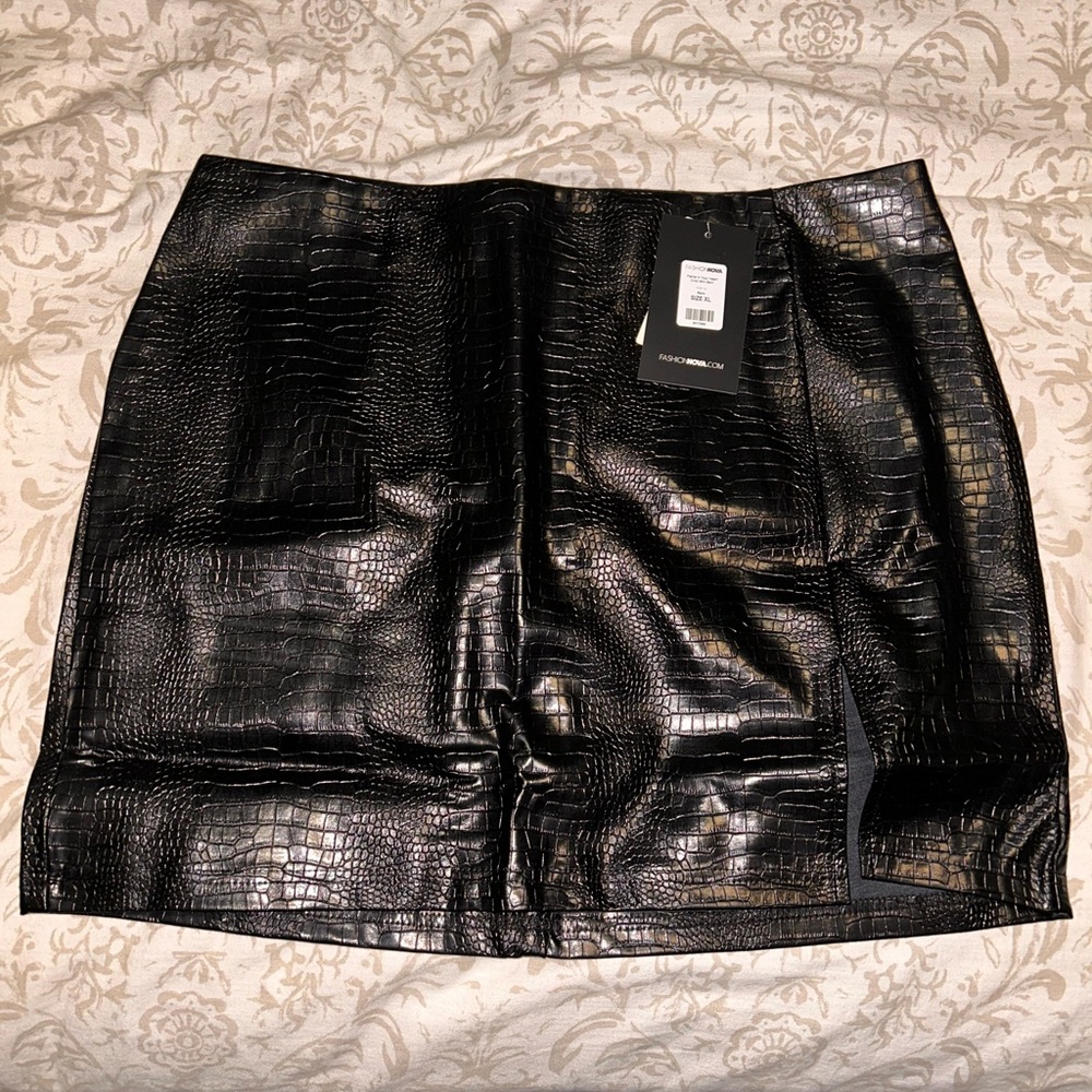 Black Faux Leather Croc-Embossed Skirt